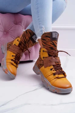 Botki Damskie Skórzane Trzewiki Maciejka Żółte 04218