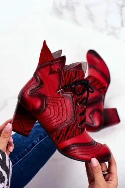 Botki Damskie Skórzane Trzewiki Maciejka Czerwone 03194