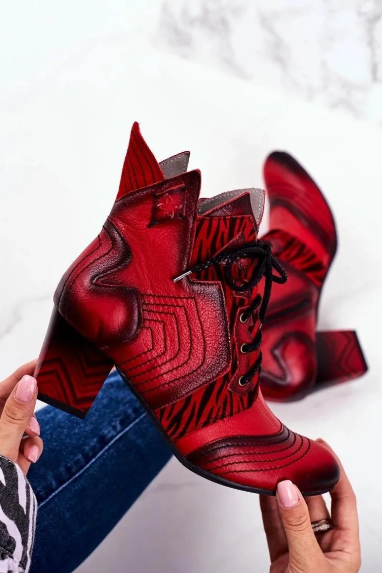 Botki Damskie Skórzane Trzewiki Maciejka Czerwone 03194