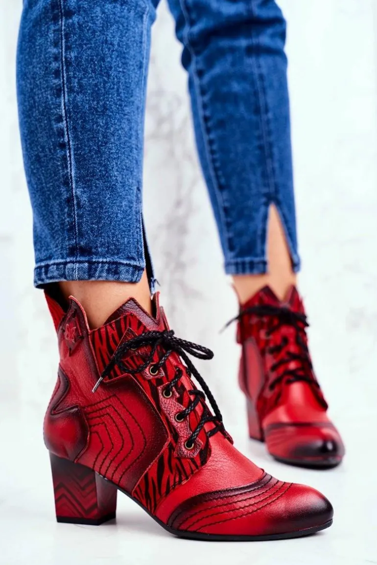 Botki Damskie Skórzane Trzewiki Maciejka Czerwone 03194