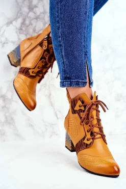 Botki Damskie Skórzane Trzewiki Maciejka Żółte 03194