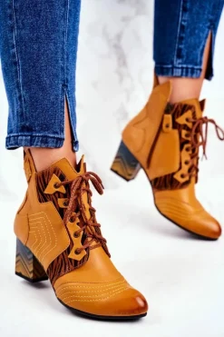 Botki Damskie Skórzane Trzewiki Maciejka Żółte 03194