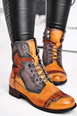 Botki Damskie Skórzane Trzewiki Ocieplane Maciejka Żółte 04625-07