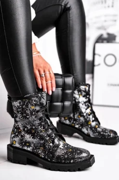 Botki Damskie Skórzane Trzewiki Maciejka Kwiaty 04869-38
