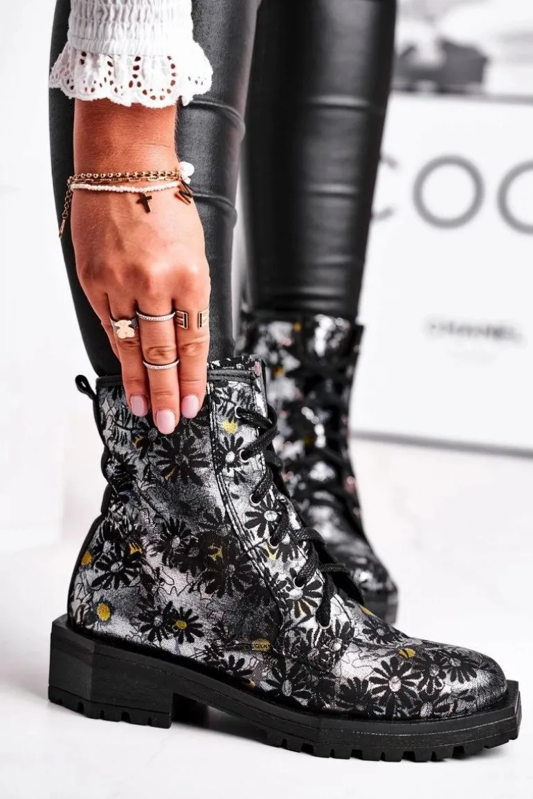 Botki Damskie Skórzane Trzewiki Maciejka Kwiaty 04869-38