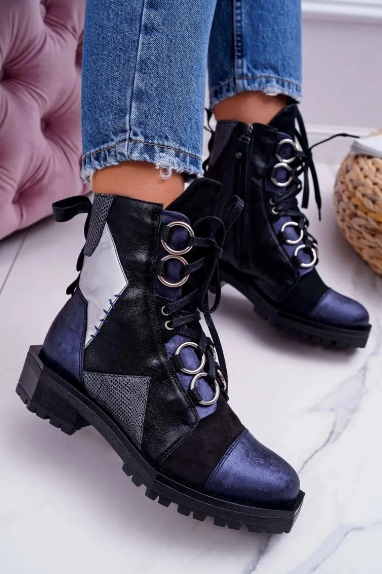 Botki Damskie Skórzane Trzewiki Maciejka Granatowe 04184-17/00-3
