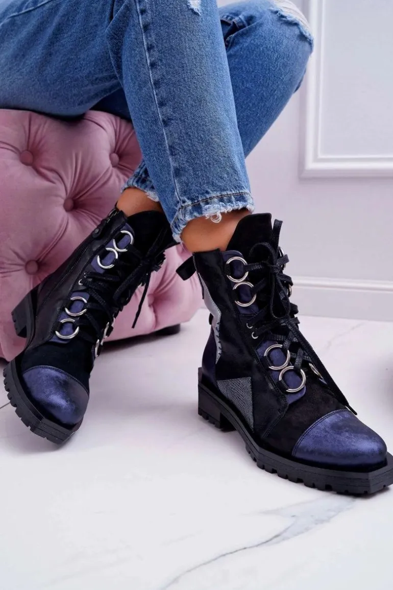 Botki Damskie Skórzane Trzewiki Maciejka Granatowe 04184-17/00-3