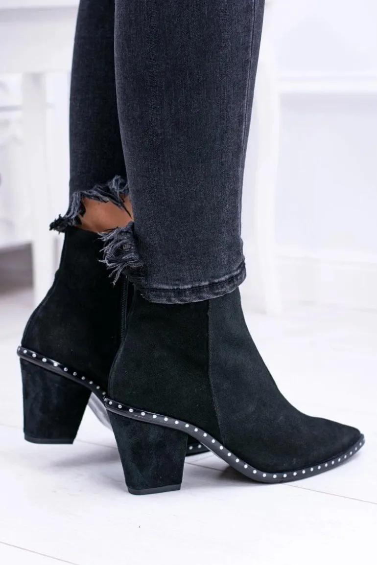 Botki Damskie Skórzane W Szpic Z Suwakiem Czarne Sonoma