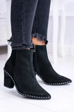 Botki Damskie Skórzane W Szpic Z Suwakiem Czarne Sonoma