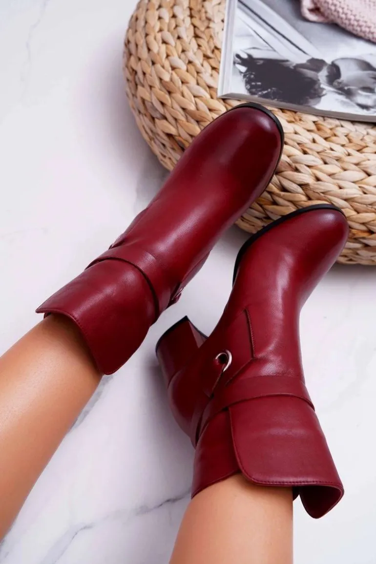 Botki Damskie Skórzane Wsuwane Bordowe 1820 Laura Messi