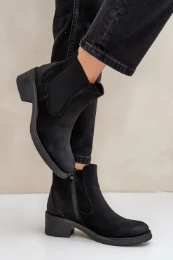 Botki Damskie Sztyblety Ocieplane Niski Obcas Zamek Czarne Savalindra