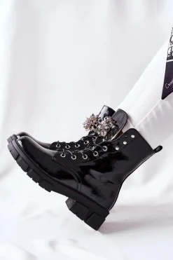 Botki Damskie Trapery Czarne Kryształy Tweten