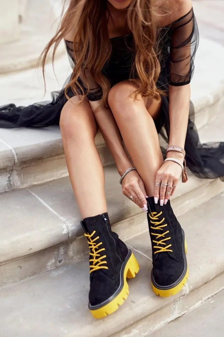 Botki Damskie Trapery Czarne Żółte Zamszowe Malawi