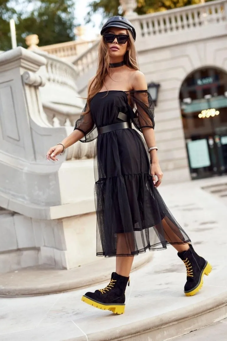 Botki Damskie Trapery Czarne Żółte Zamszowe Malawi