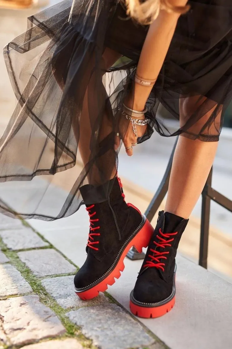 Botki Damskie Trapery Czarne Czerwone Zamszowe Malawi