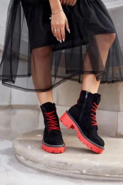 Botki Damskie Trapery Czarne Czerwone Zamszowe Malawi