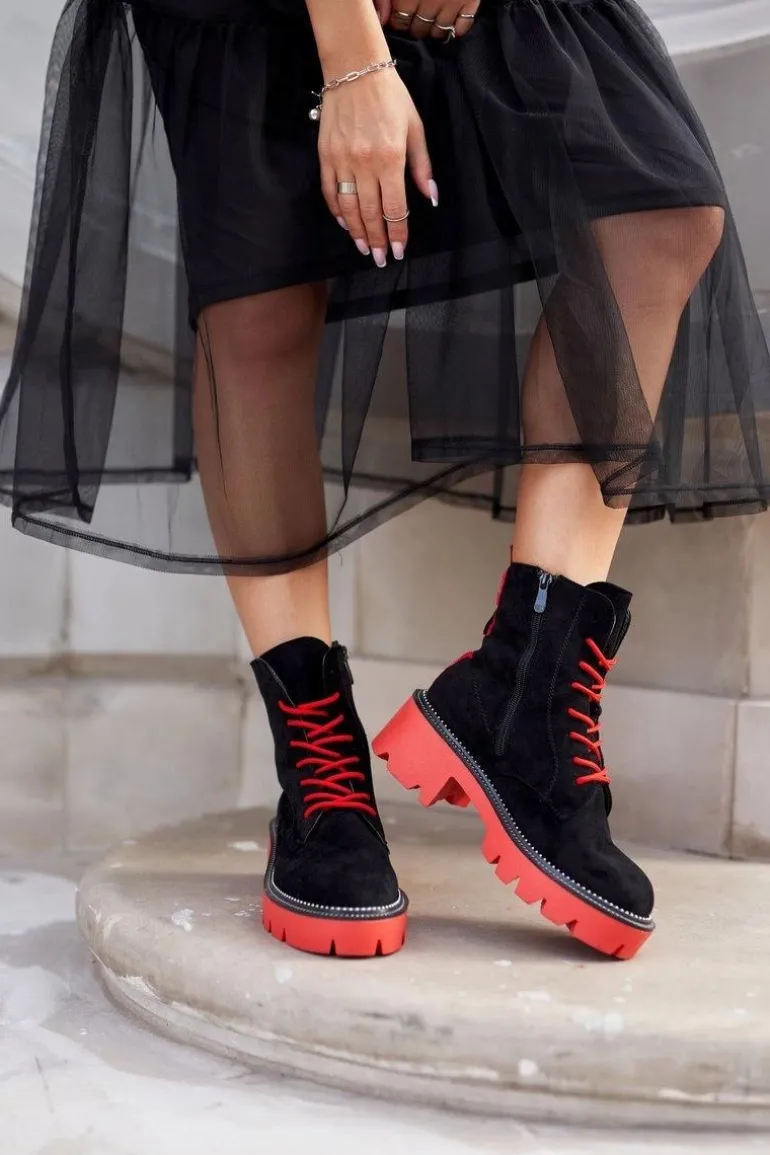 Botki Damskie Trapery Czarne Czerwone Zamszowe Malawi