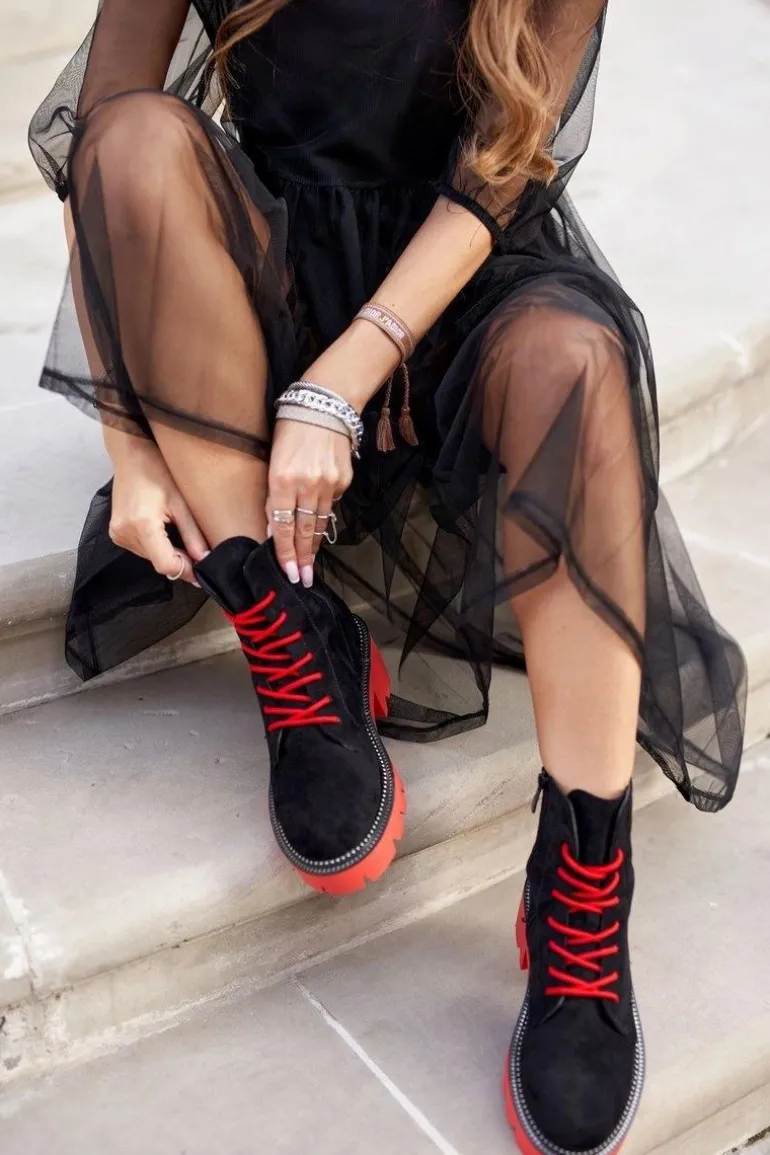 Botki Damskie Trapery Czarne Czerwone Zamszowe Malawi