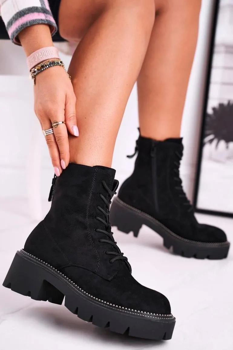 Botki Damskie Trapery Czarne Zamszowe Malawi