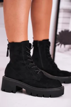 Botki Damskie Trapery Czarne Zamszowe Malawi