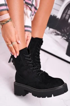 Botki Damskie Trapery Czarne Zamszowe Malawi