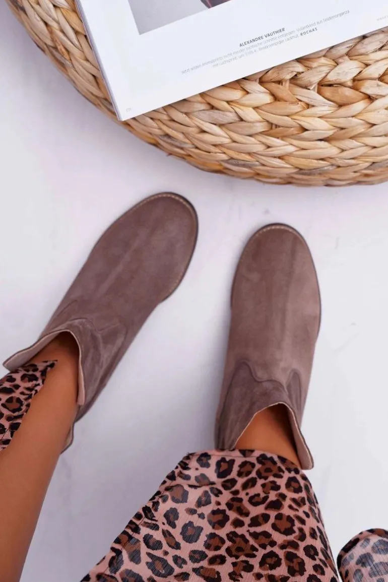 Botki Damskie Ukryty Koturn Płaski Obcas Cappuccino Ciemne Nicole 2419