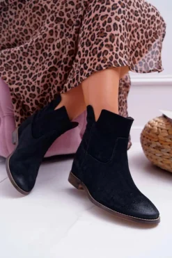 Botki Damskie Ukryty Koturn Płaski Obcas Czarne Nicole 2419