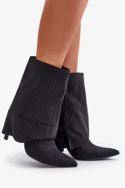 Botki Damskie W Paski Na Szpilce Z Wywiniętą Cholewką I Noskami W Szpic Czarne Naritua