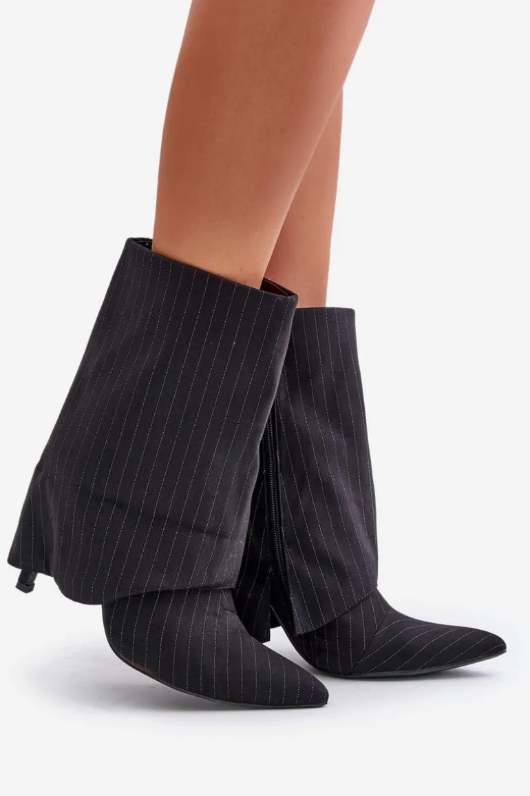 Botki Damskie W Paski Na Szpilce Z Wywiniętą Cholewką I Noskami W Szpic Czarne Naritua