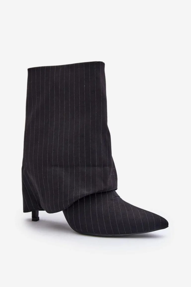 Botki Damskie W Paski Na Szpilce Z Wywiniętą Cholewką I Noskami W Szpic Czarne Naritua