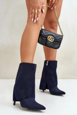 Botki Damskie W Paski Na Szpilce Z Wywiniętą Cholewką I Noskami W Szpic Granatowe Naritua