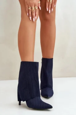 Botki Damskie W Paski Na Szpilce Z Wywiniętą Cholewką I Noskami W Szpic Granatowe Naritua