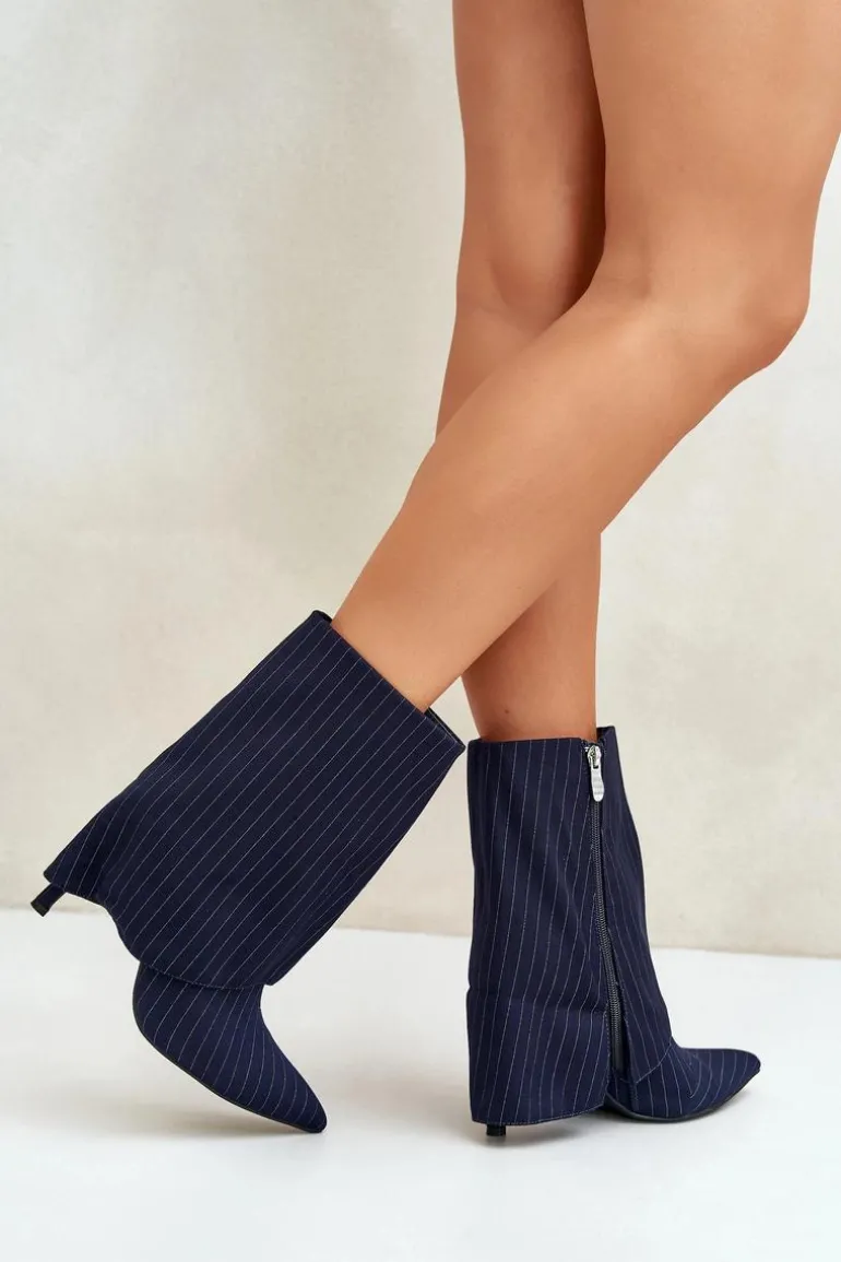 Botki Damskie W Paski Na Szpilce Z Wywiniętą Cholewką I Noskami W Szpic Granatowe Naritua