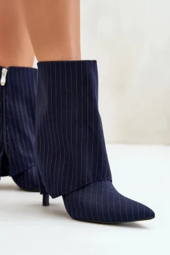 Botki Damskie W Paski Na Szpilce Z Wywiniętą Cholewką I Noskami W Szpic Granatowe Naritua