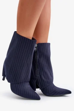 Botki Damskie W Paski Na Szpilce Z Wywiniętą Cholewką I Noskami W Szpic Granatowe Naritua