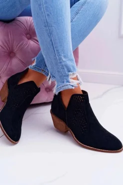 Botki Damskie Wiosenne Kowbojki Czarne Matty