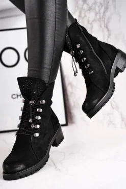 Botki Damskie Workery Ciepłe Czarne Bipper