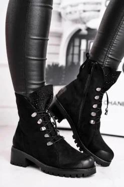 Botki Damskie Workery Ciepłe Czarne Bipper