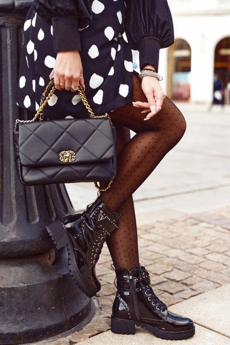 Botki Damskie Workery Czarne Lakierowane Valeria