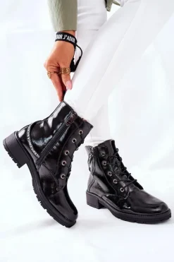 Botki Damskie Workery Lakierowane Czarne Goorey