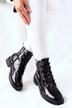 Botki Damskie Workery Lakierowane Czarne Goorey