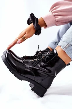 Botki Damskie Workery Lakierowane Czarne Maniana