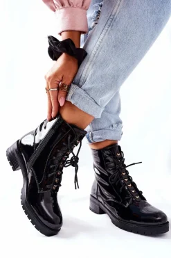 Botki Damskie Workery Lakierowane Czarne Maniana