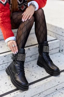 Botki Damskie Workery Z Ćwiekami Czarne Eveis