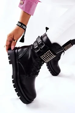 Botki Damskie Workery Z Ćwiekami Czarne Eveis