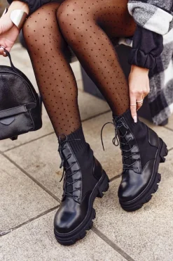 Botki Damskie Workery Ze Skarpetą Sznurowane Czarne My Need