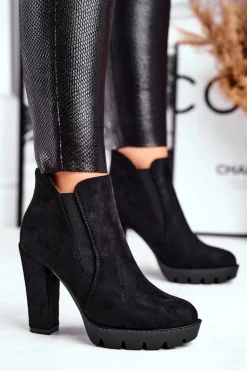 Botki Damskie Wsuwane Na Słupku Eko-Zamsz Czarne Berry