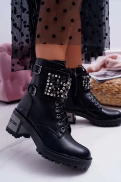 Botki Damskie Wysokie Rock Z Klapą Czarne Infinity