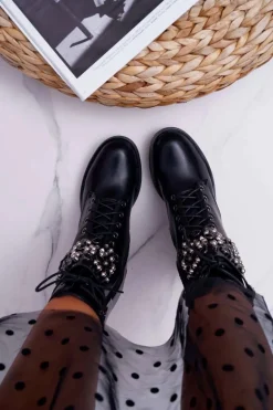 Botki Damskie Wysokie Rock Z Klapą Czarne Infinity