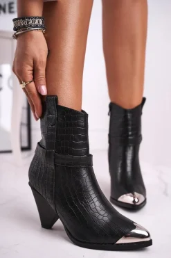 Botki Damskie Wysokie Stalowy Nosek Print Czarne Eternally